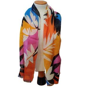 Vintage Colorblock Scarf Liz Claiborne Vibrant Tropical Floral Shirred Edge Boho